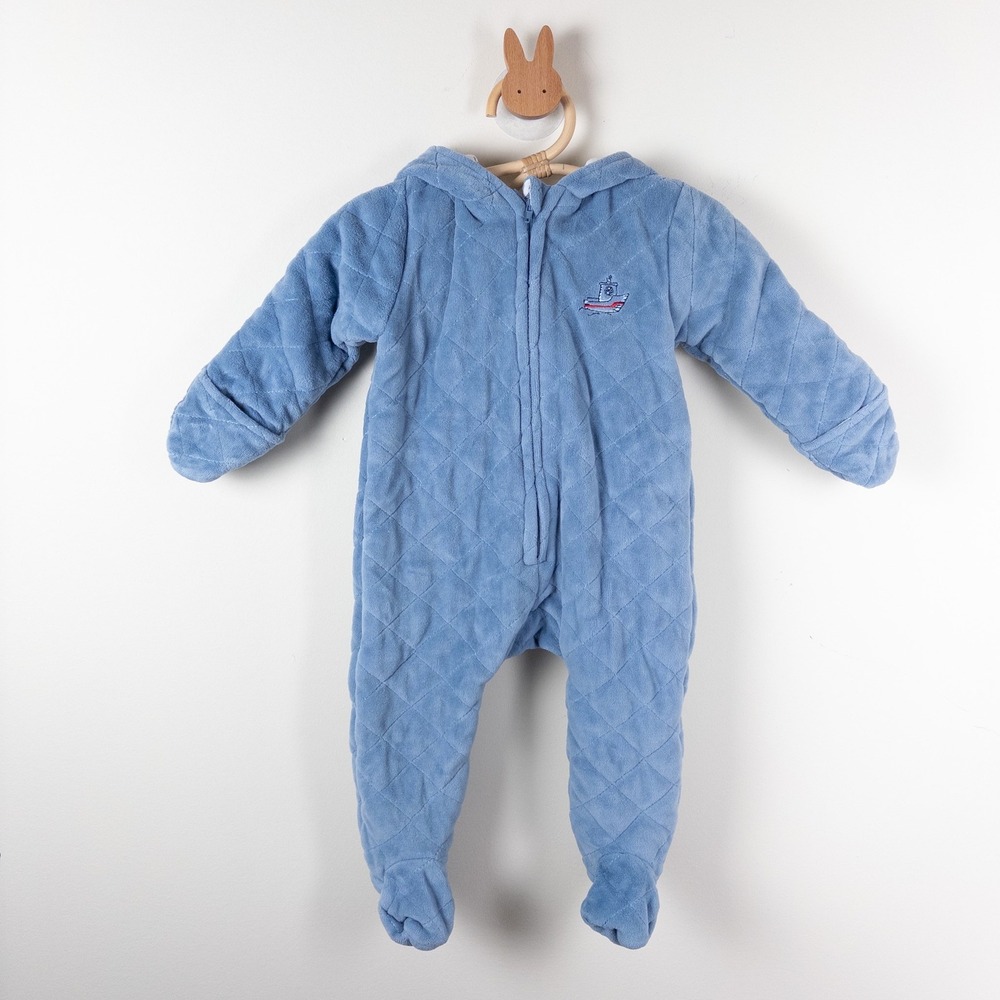 Laura Ashley Pram Suit Baby 6-9M Blue Quilted Velour Nautical Hooded Outerwear